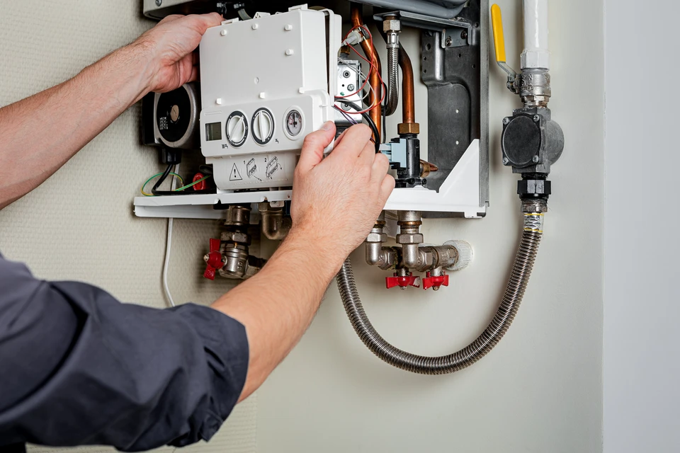 Technicien de maintenance Baratier en tenue professionnelle (combinaison ou polo) intervenant au domicile d'un client dans un local technique ou salle de bain, effectuant une inspection ou un d&eacute;pannage sur une installation de chauffage (chaudi&egrave;re, radiateur ou tuyauterie). L'image doit montrer clairement l'action de maintenance ou de diagnostic, avec outils ou &eacute;quipement en main, dans un environnement r&eacute;sidentiel r&eacute;el. L'ambiance doit transmettre la comp&eacute;tence, la rapidit&eacute; et la fiabilit&eacute; d'une intervention d'urgence professionnelle.