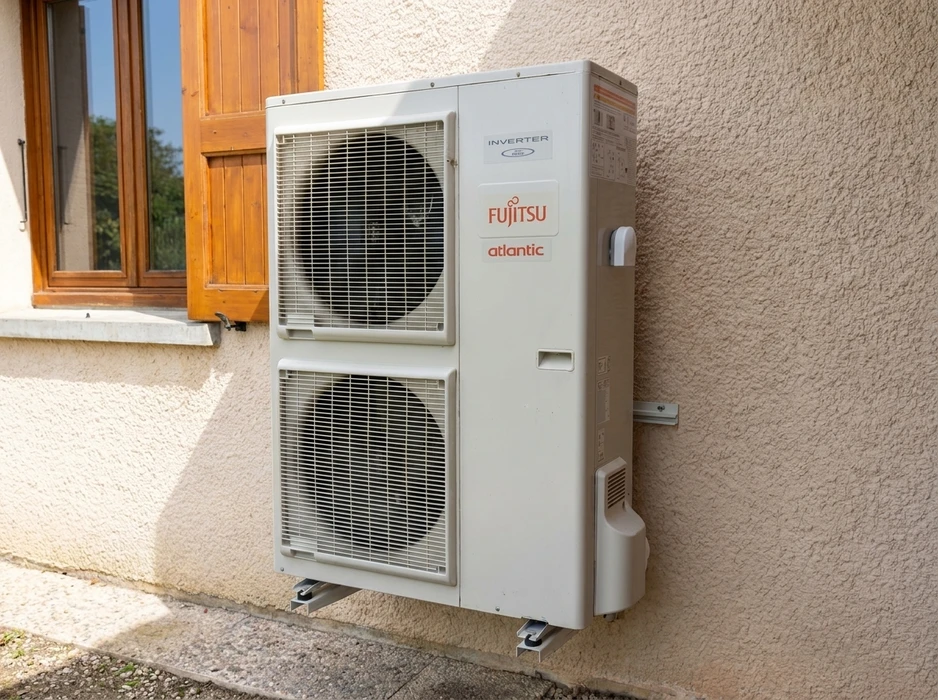 Unité extérieure de pompe à chaleur air/eau installée sur facade extérieure d'une maison