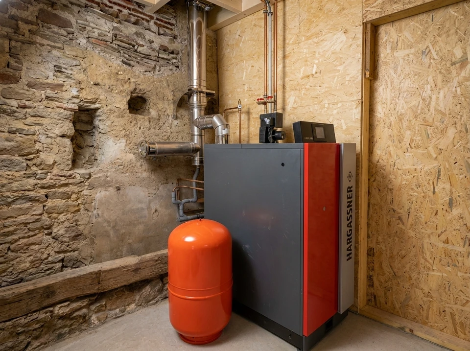 Technicien effectuant la maintenance d'une chaudi&egrave;re &agrave; gaz domestique, mains positionn&eacute;es sur le panneau de contr&ocirc;le digital